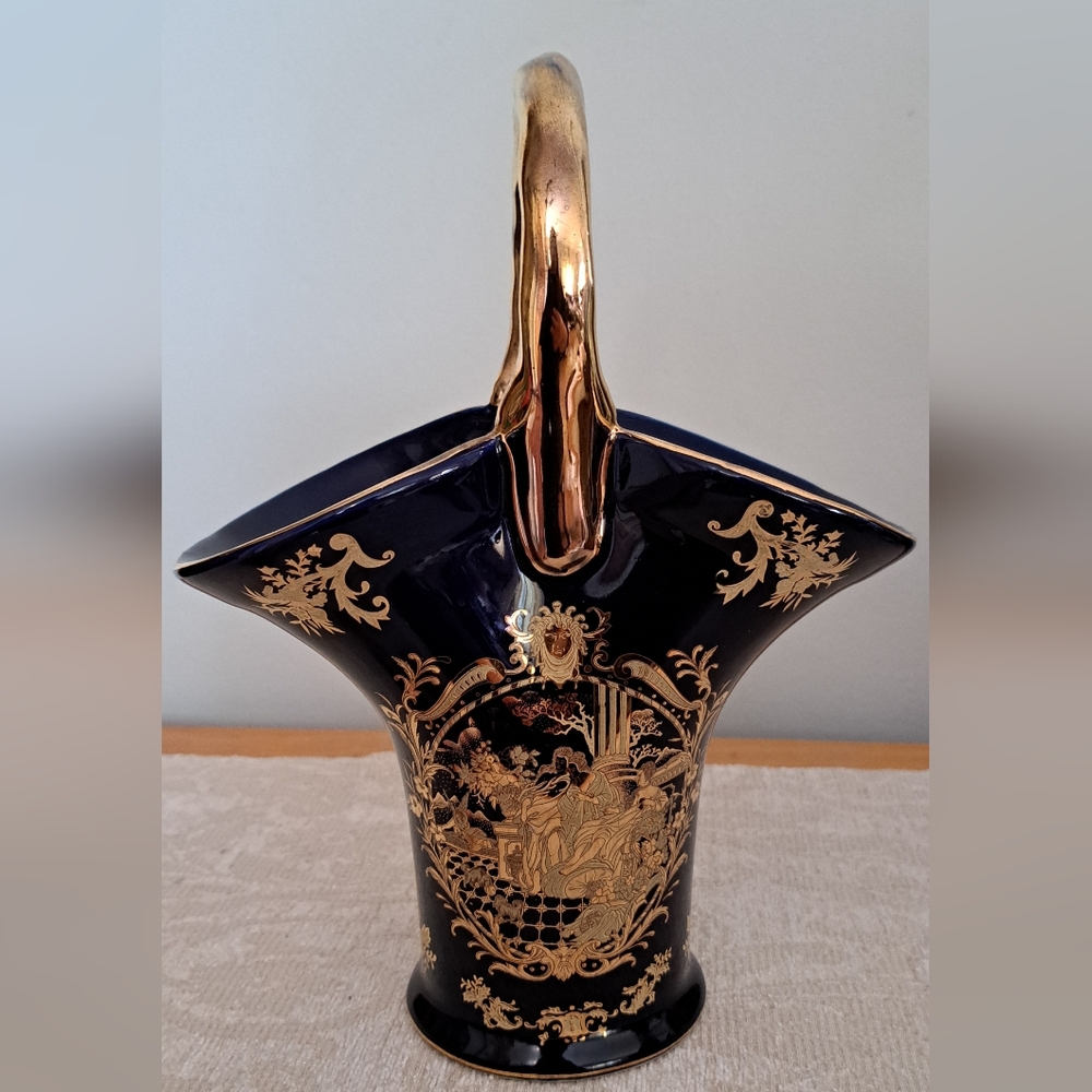 Limoges Gold and Cobalt Ceramic Basket Vase